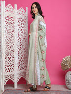 Jyoti Fashion Women's Green Cotton Floral Digital Print with Resham Thread Work Kurta with Trouser & Dupatta