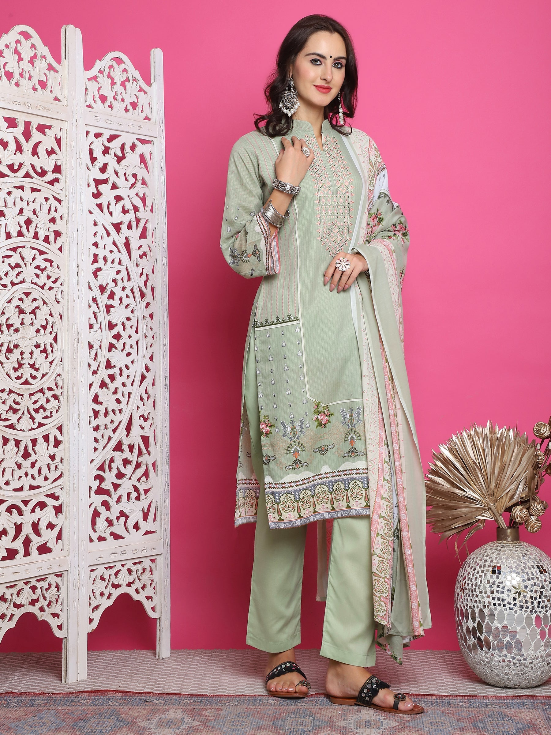 Jyoti Fashion Women's Green Cotton Floral Digital Print with Resham Thread Work Kurta with Trouser & Dupatta