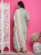 Jyoti Fashion Women's Green Cotton Floral Digital Print with Resham Thread Work Kurta with Trouser & Dupatta