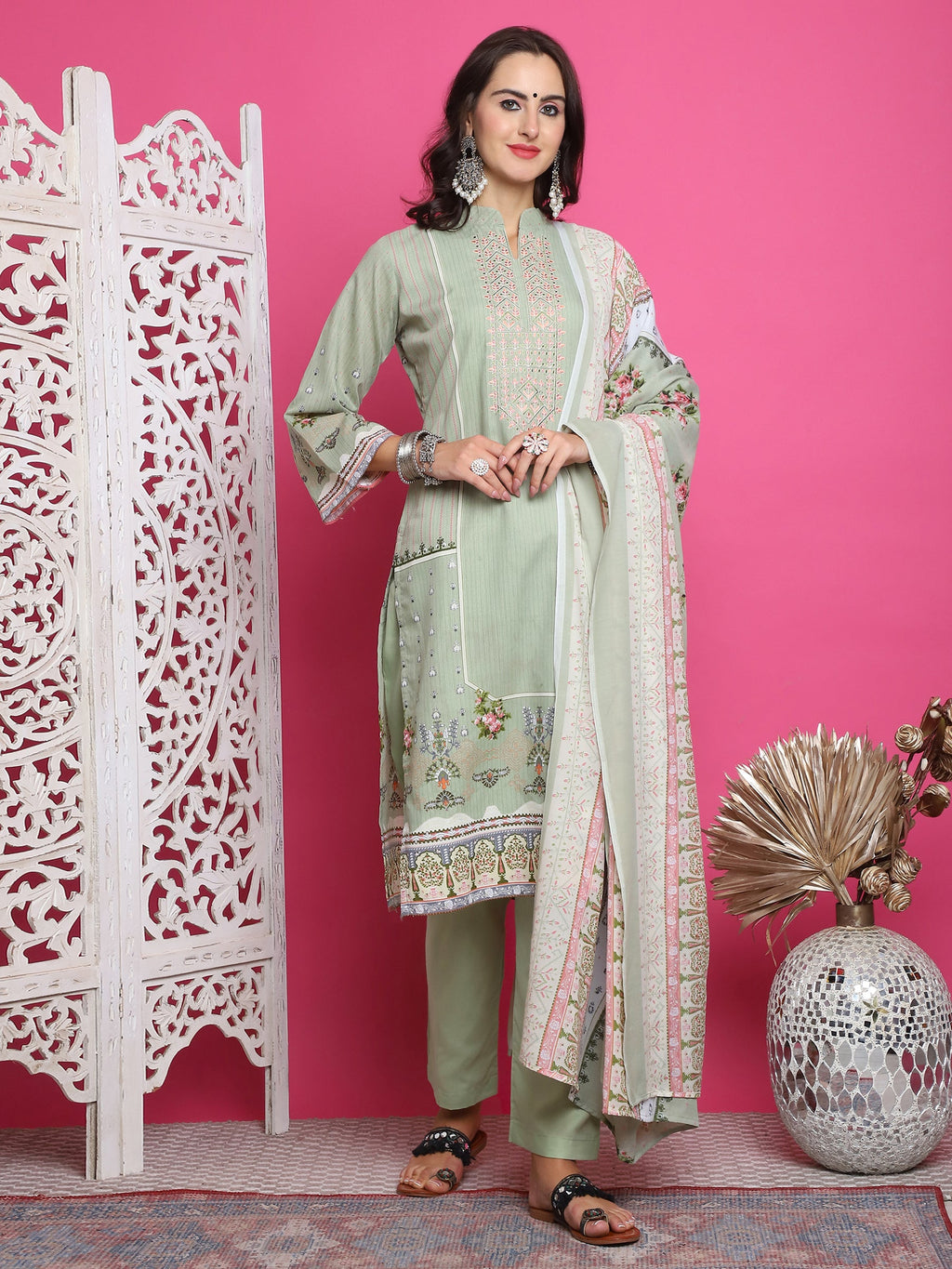 Jyoti Fashion Women's Green Cotton Floral Digital Print with Resham Thread Work Kurta with Trouser & Dupatta