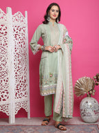 Jyoti Fashion Women's Green Cotton Floral Digital Print with Resham Thread Work Kurta with Trouser & Dupatta