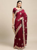 Jyoti Fashion Women's Purple Silk Blend Embroidered Designer Saree with Blouse