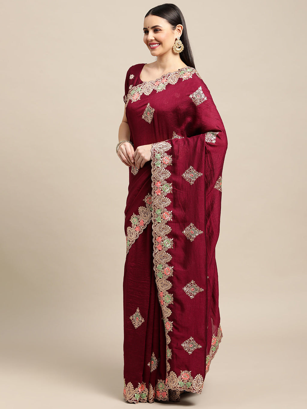Jyoti Fashion Women's Purple Silk Blend Embroidered Designer Saree with Blouse
