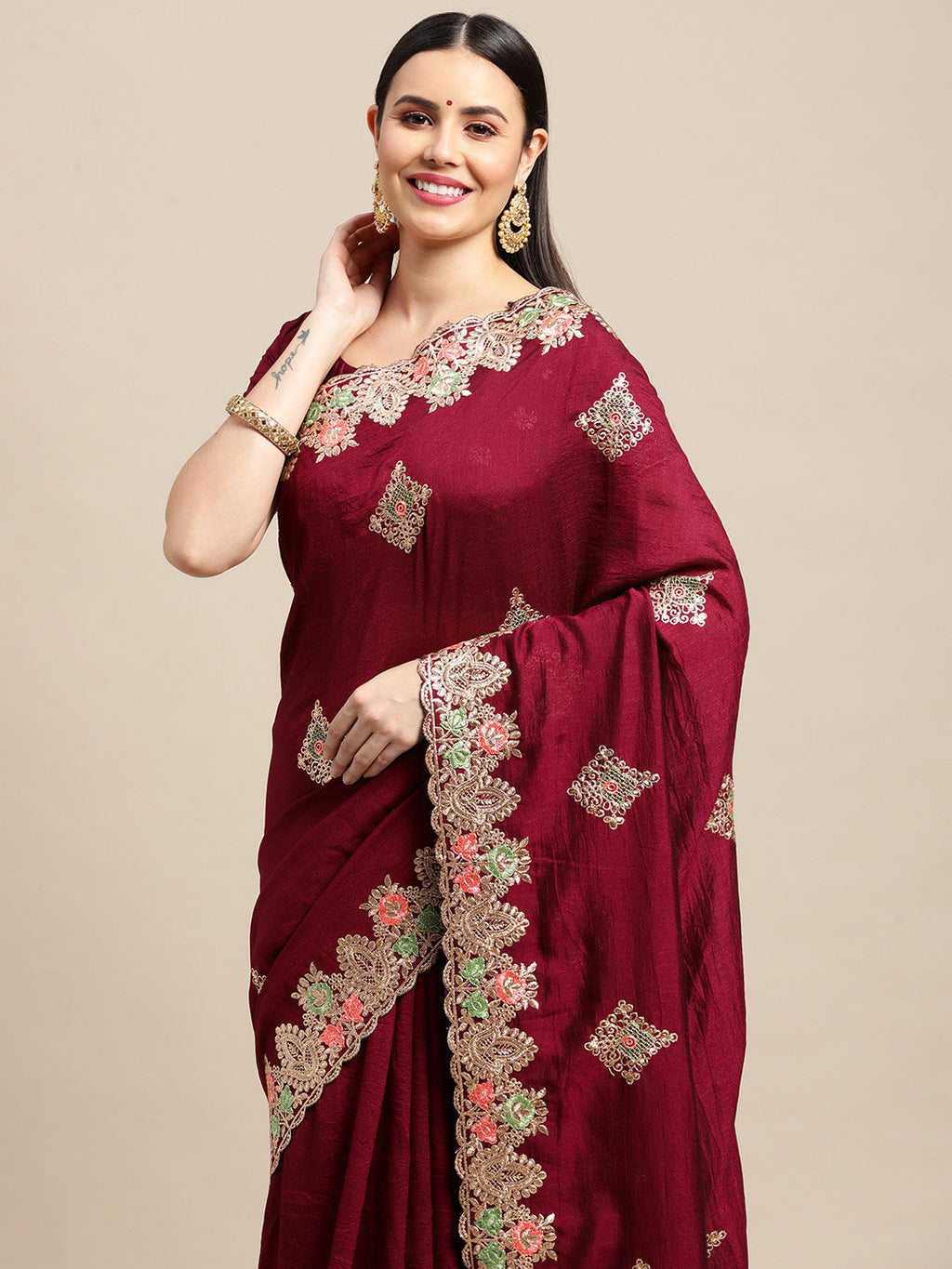 Jyoti Fashion Women's Purple Silk Blend Embroidered Designer Saree with Blouse
