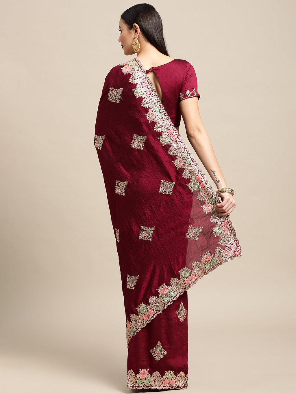Jyoti Fashion Women's Purple Silk Blend Embroidered Designer Saree with Blouse