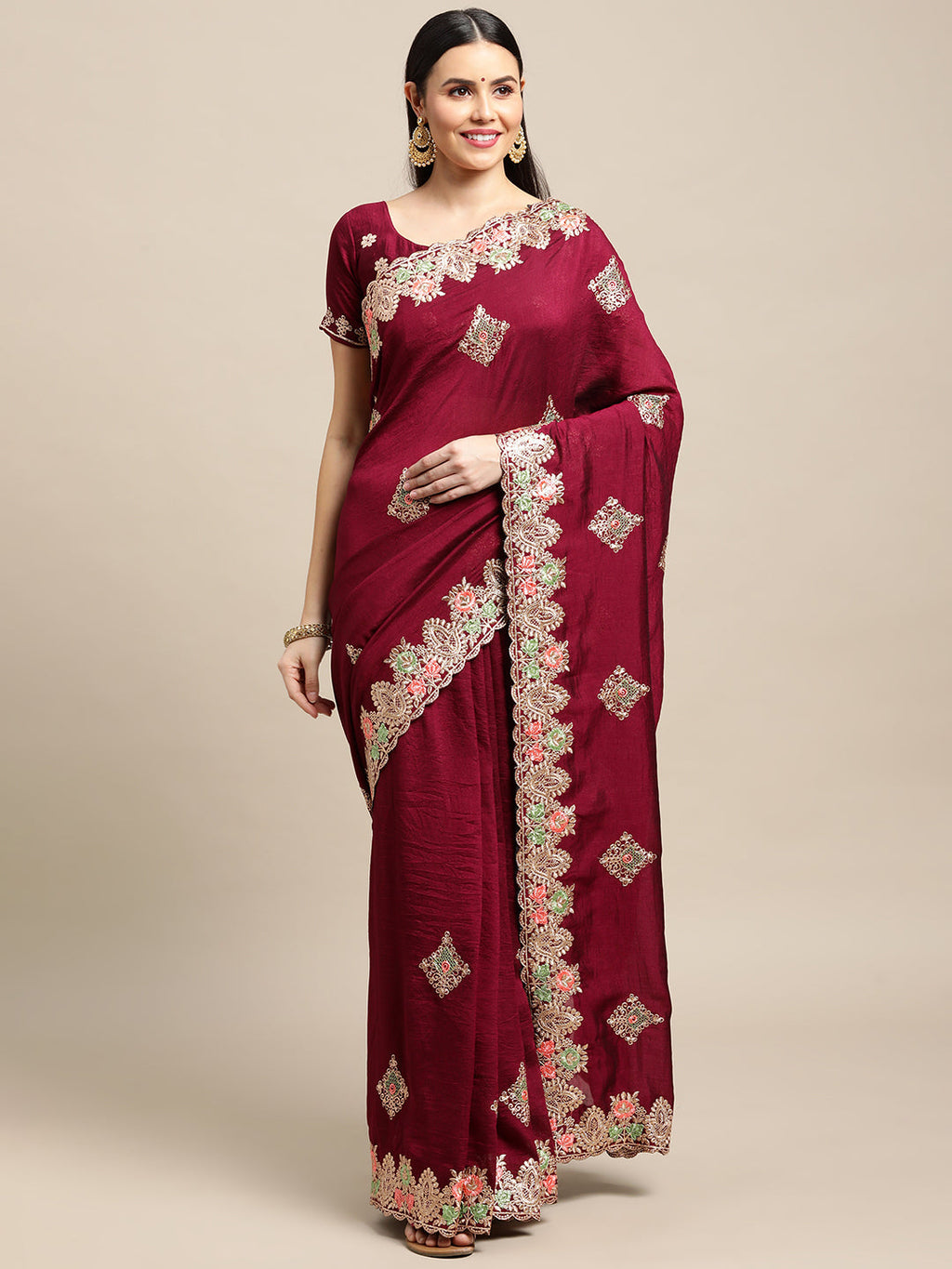 Jyoti Fashion Women's Purple Silk Blend Embroidered Designer Saree with Blouse