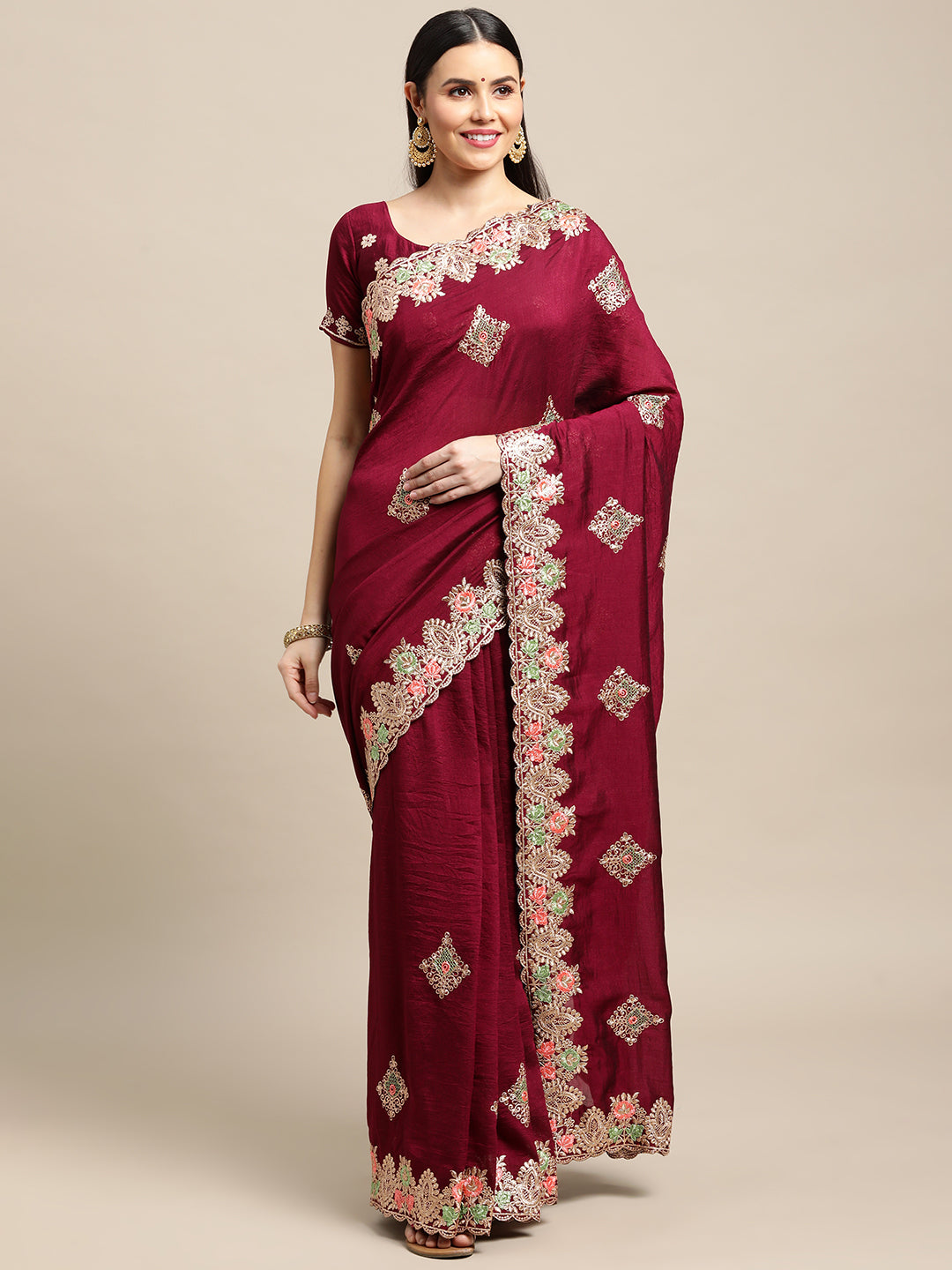 Jyoti Fashion Women's Purple Silk Blend Embroidered Designer Saree with Blouse