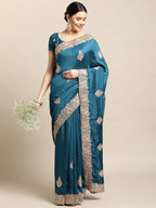 Jyoti Fashion Women's Blue Silk Blend Embroidered Designer Saree with Blouse