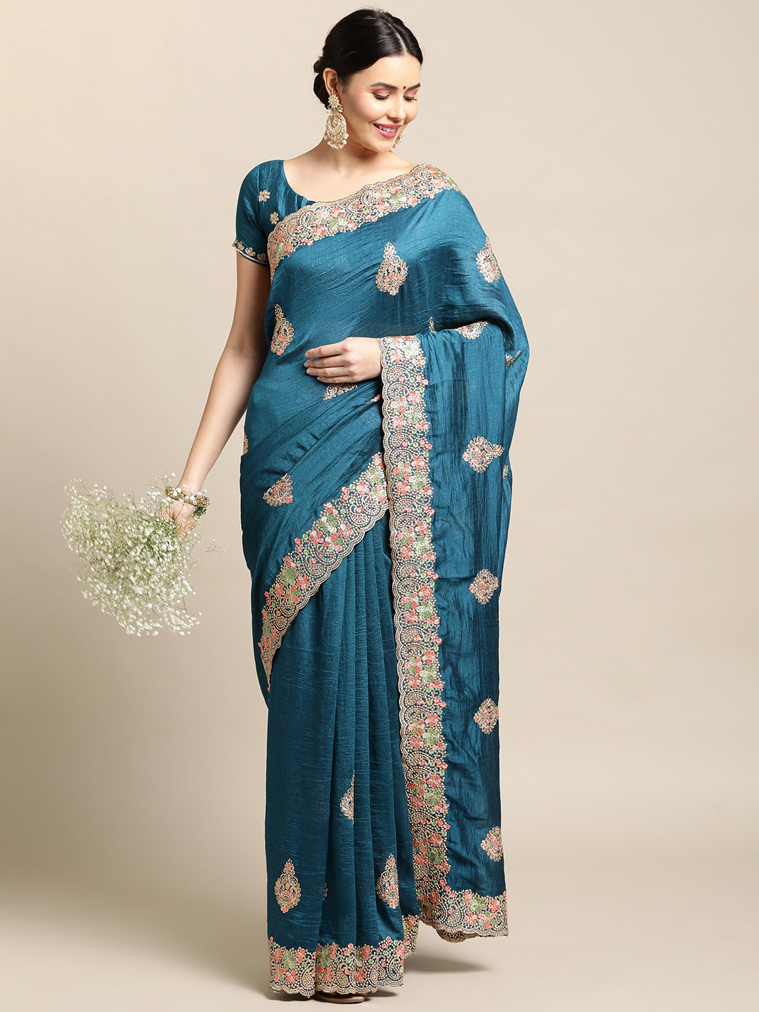 Jyoti Fashion Women's Blue Silk Blend Embroidered Designer Saree with Blouse