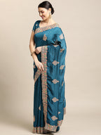 Jyoti Fashion Women's Blue Silk Blend Embroidered Designer Saree with Blouse