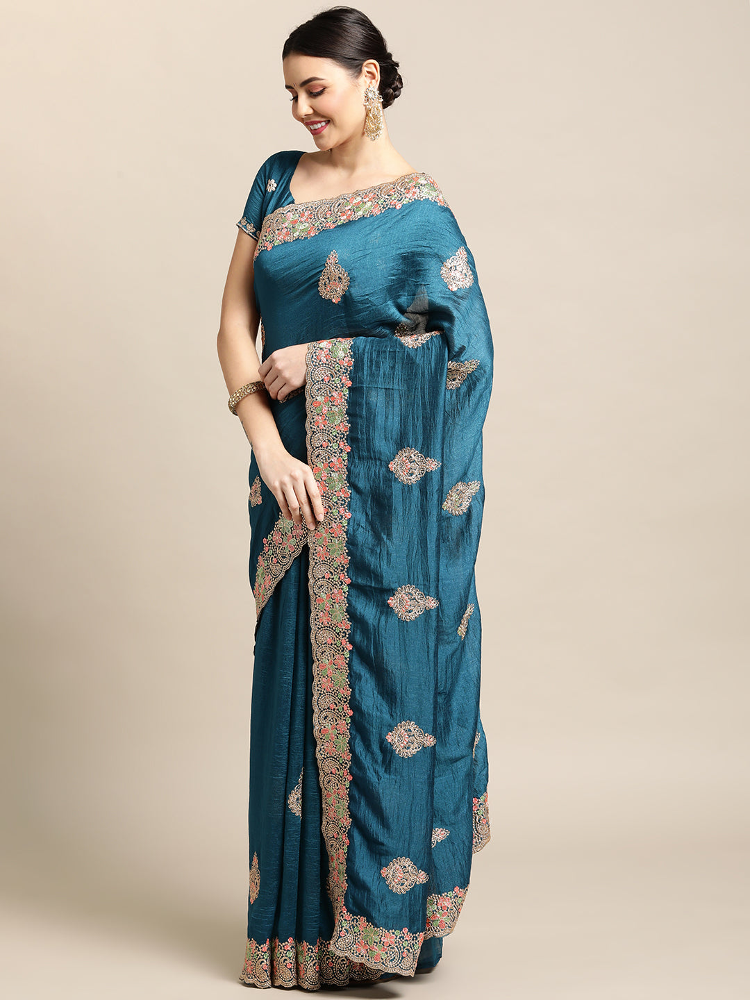 Jyoti Fashion Women's Blue Silk Blend Embroidered Designer Saree with Blouse