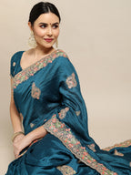 Jyoti Fashion Women's Blue Silk Blend Embroidered Designer Saree with Blouse