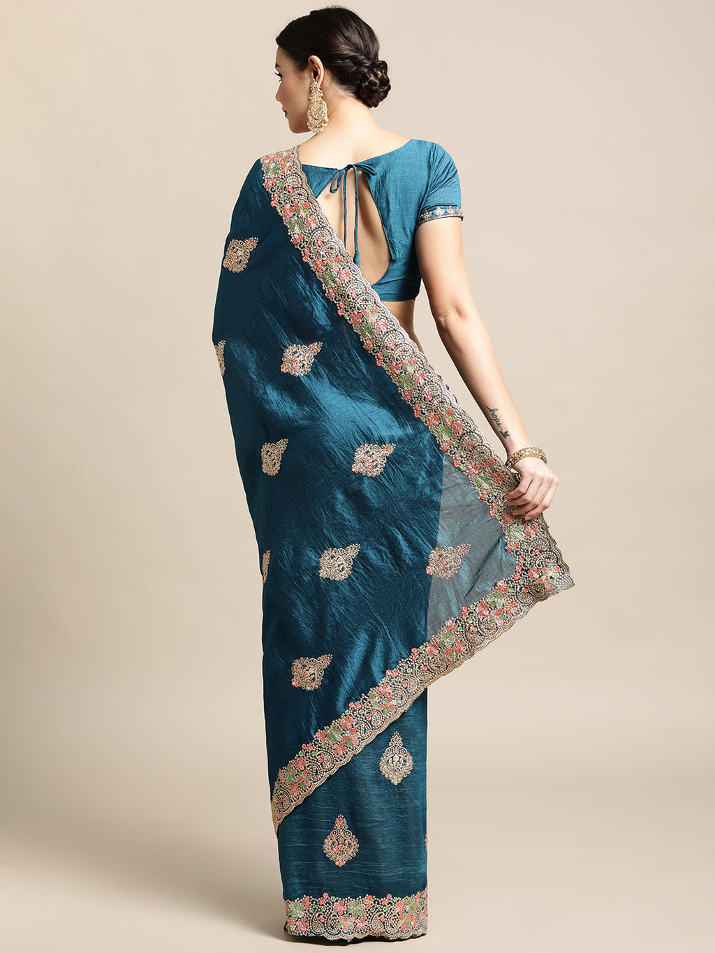 Jyoti Fashion Women's Blue Silk Blend Embroidered Designer Saree with Blouse