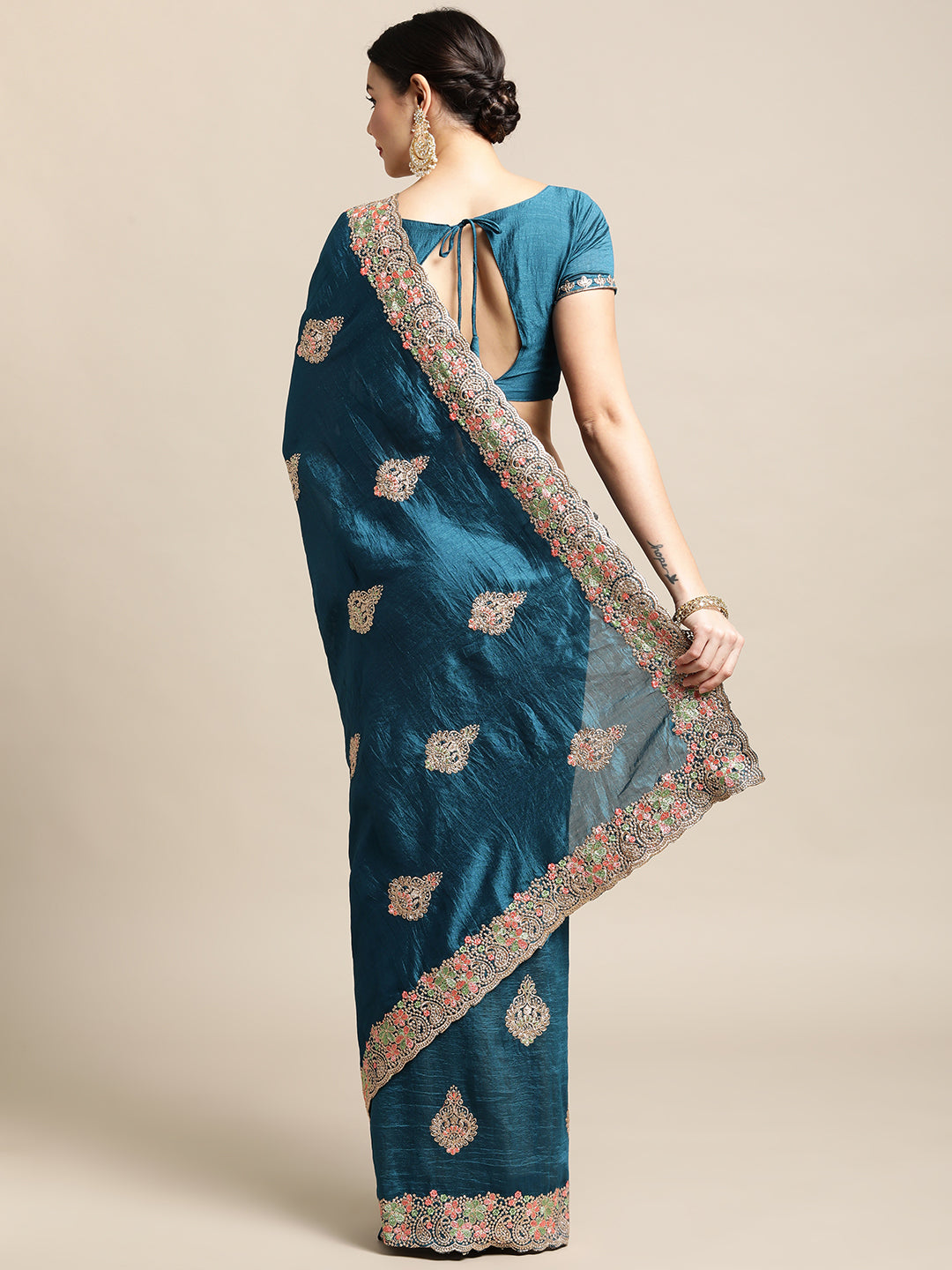 Jyoti Fashion Women's Blue Silk Blend Embroidered Designer Saree with Blouse