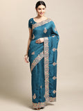 Jyoti Fashion Women's Blue Silk Blend Embroidered Designer Saree with Blouse