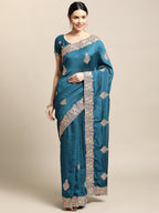 Jyoti Fashion Women's Blue Silk Blend Embroidered Designer Saree with Blouse