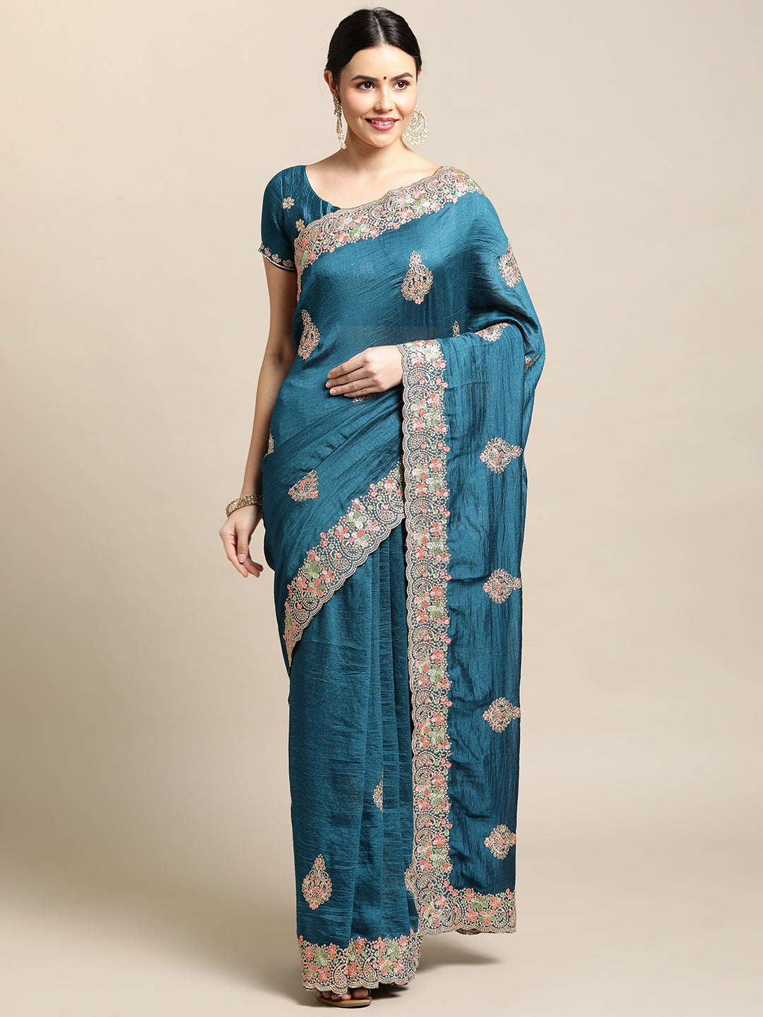 Jyoti Fashion Women's Blue Silk Blend Embroidered Designer Saree with Blouse