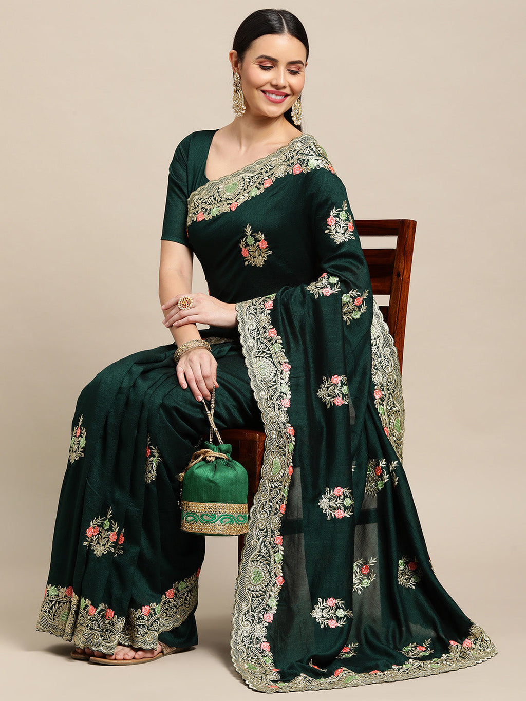 Jyoti Fashion Women's Green Silk Blend Embroidered Designer Saree with Blouse