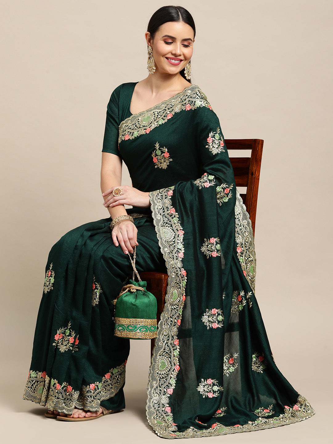 Jyoti Fashion Women's Green Silk Blend Embroidered Designer Saree with Blouse