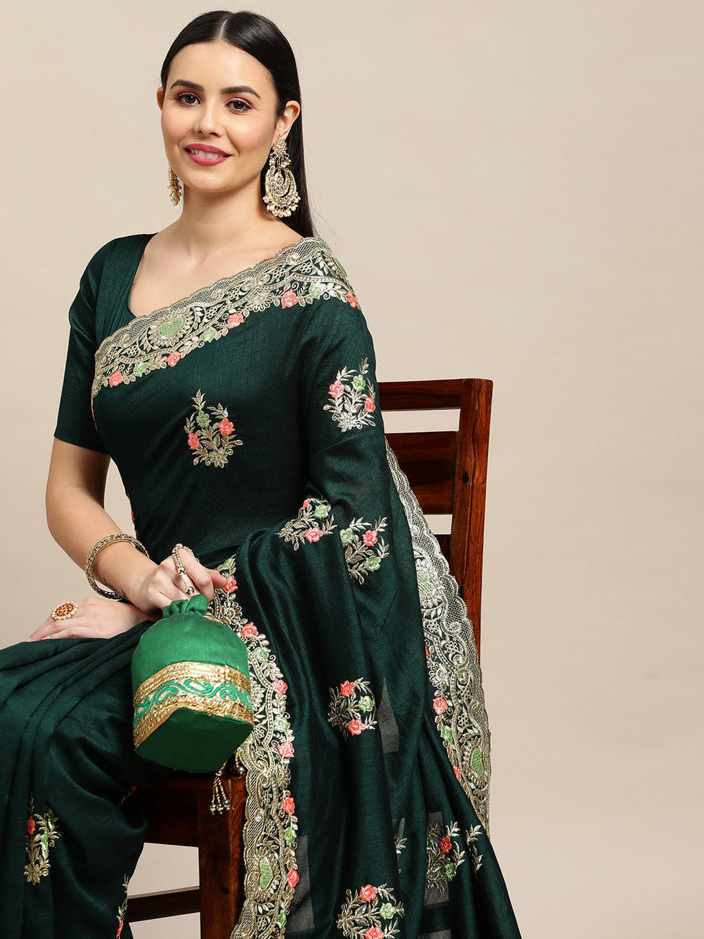 Jyoti Fashion Women's Green Silk Blend Embroidered Designer Saree with Blouse