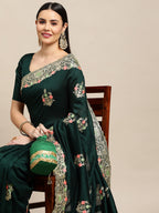 Jyoti Fashion Women's Green Silk Blend Embroidered Designer Saree with Blouse