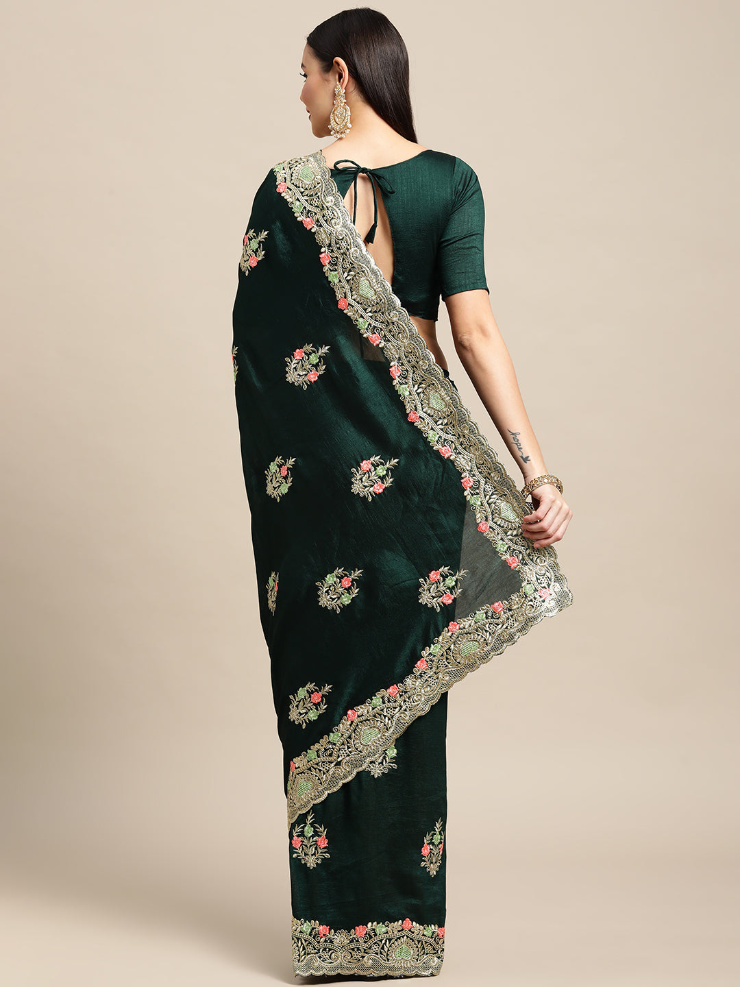 Jyoti Fashion Women's Green Silk Blend Embroidered Designer Saree with Blouse