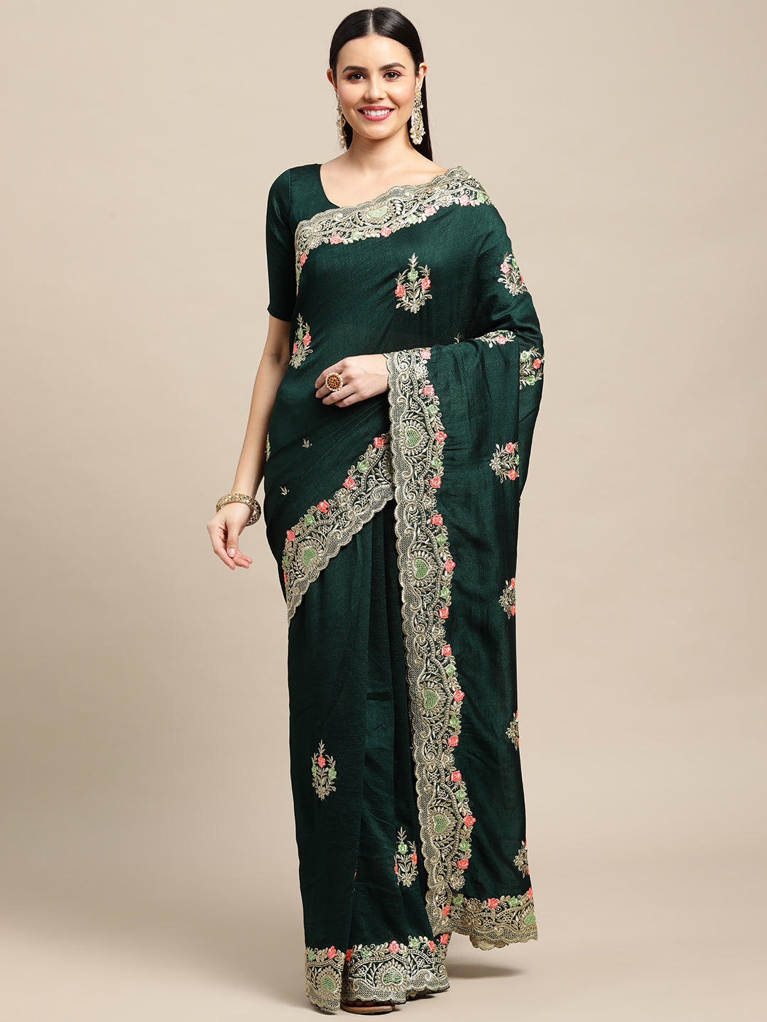 Jyoti Fashion Women's Green Silk Blend Embroidered Designer Saree with Blouse