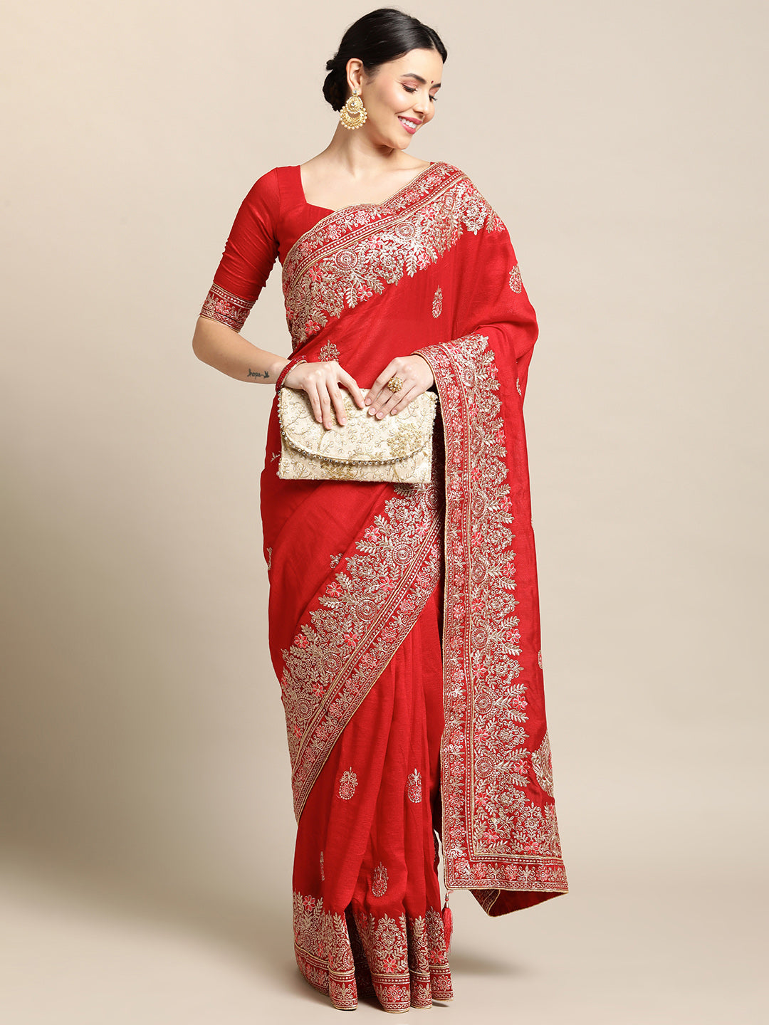 Jyoti Fashion Women's Red Silk Blend Embroidered Designer Saree with Blouse