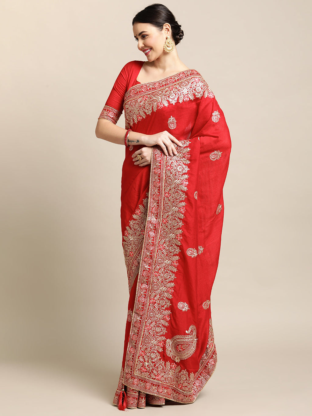 Jyoti Fashion Women's Red Silk Blend Embroidered Designer Saree with Blouse