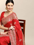 Jyoti Fashion Women's Red Silk Blend Embroidered Designer Saree with Blouse