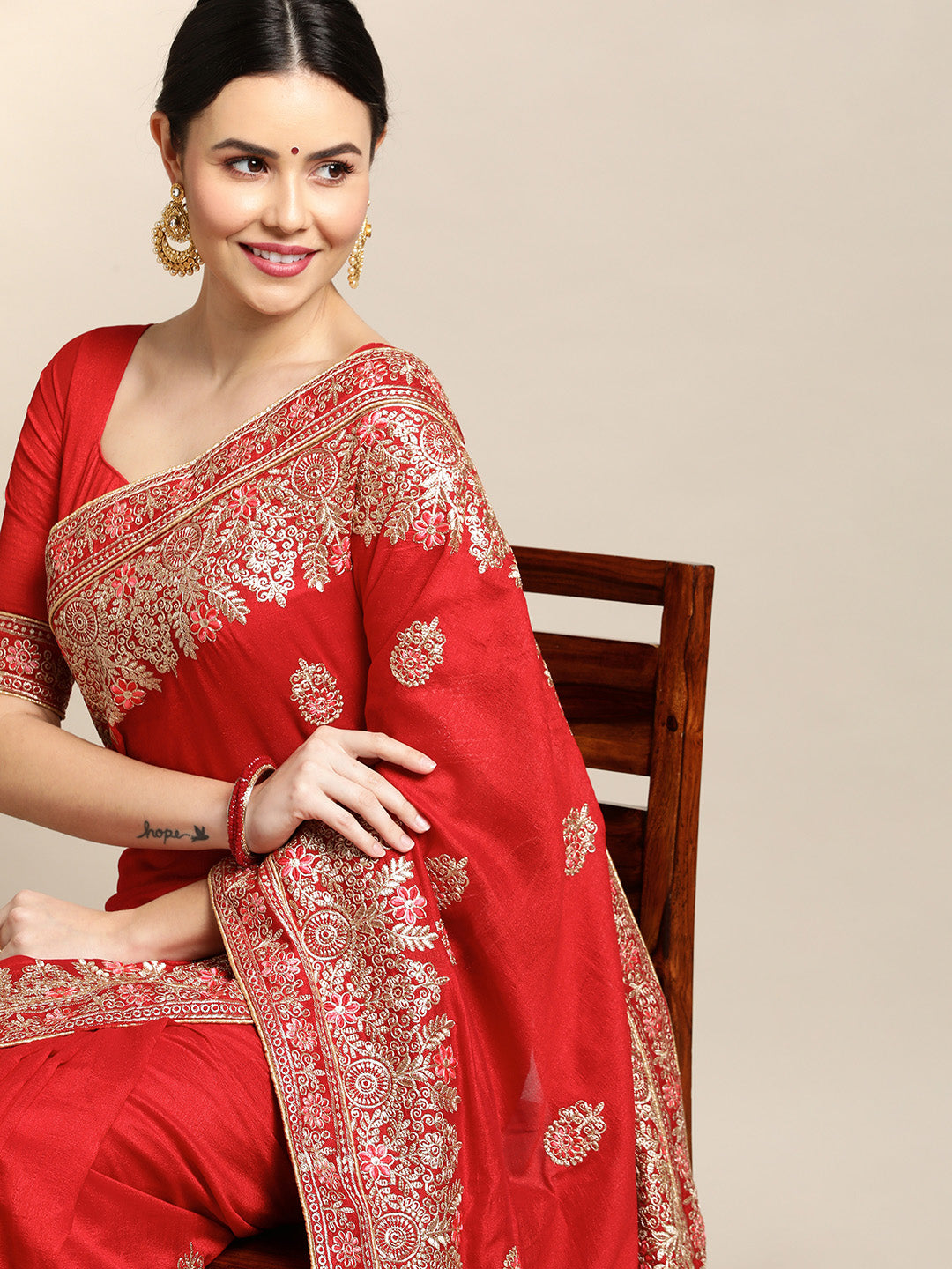 Jyoti Fashion Women's Red Silk Blend Embroidered Designer Saree with Blouse