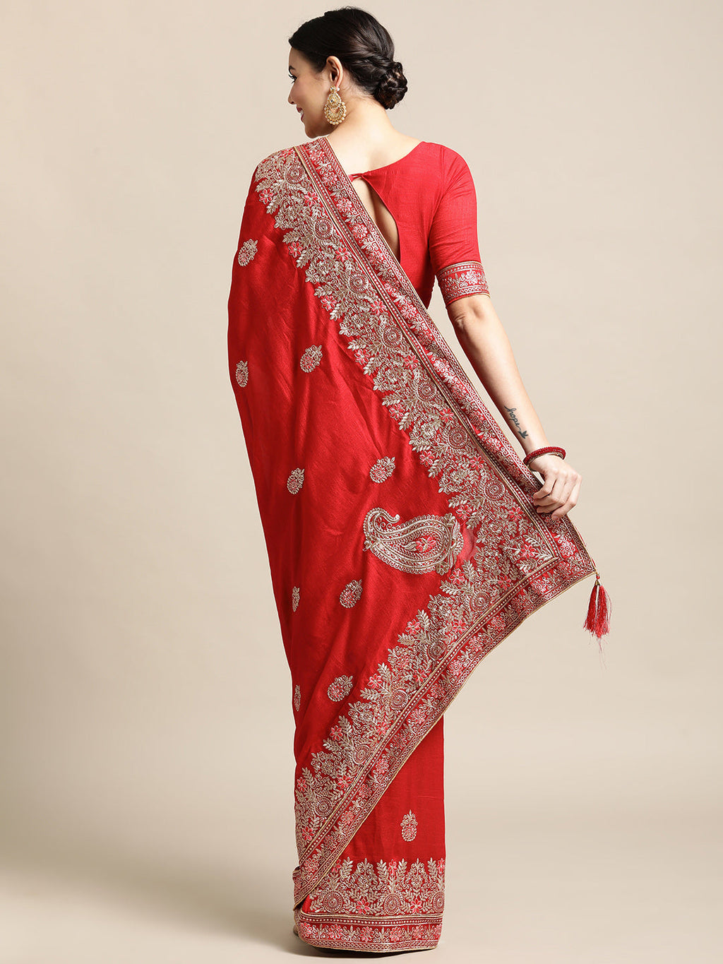 Jyoti Fashion Women's Red Silk Blend Embroidered Designer Saree with Blouse