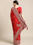 Jyoti Fashion Women's Red Silk Blend Embroidered Designer Saree with Blouse