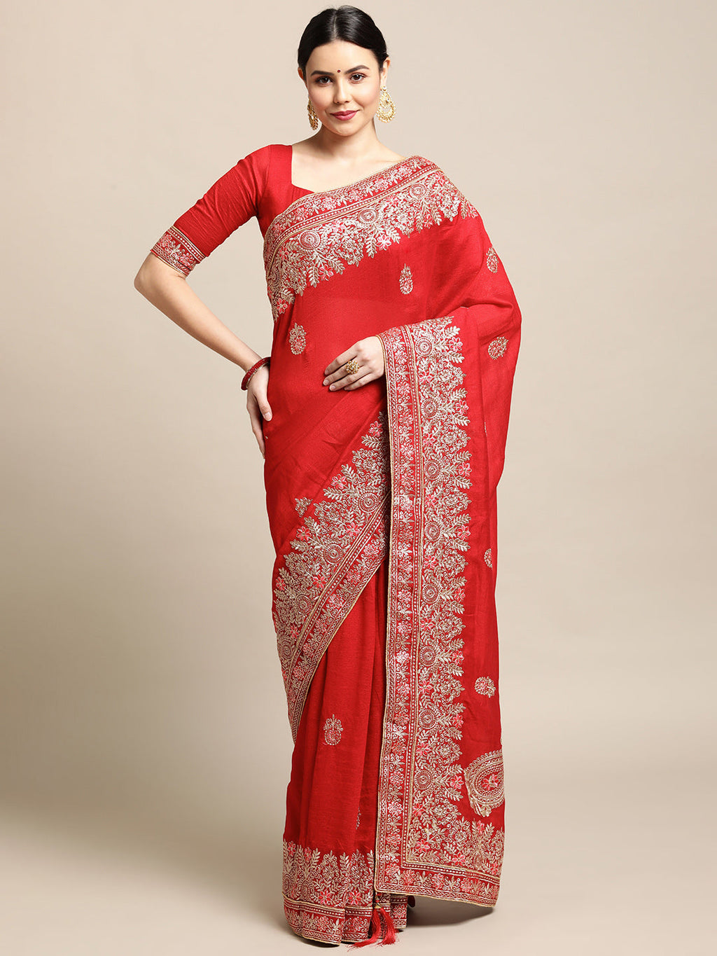 Jyoti Fashion Women's Red Silk Blend Embroidered Designer Saree with Blouse