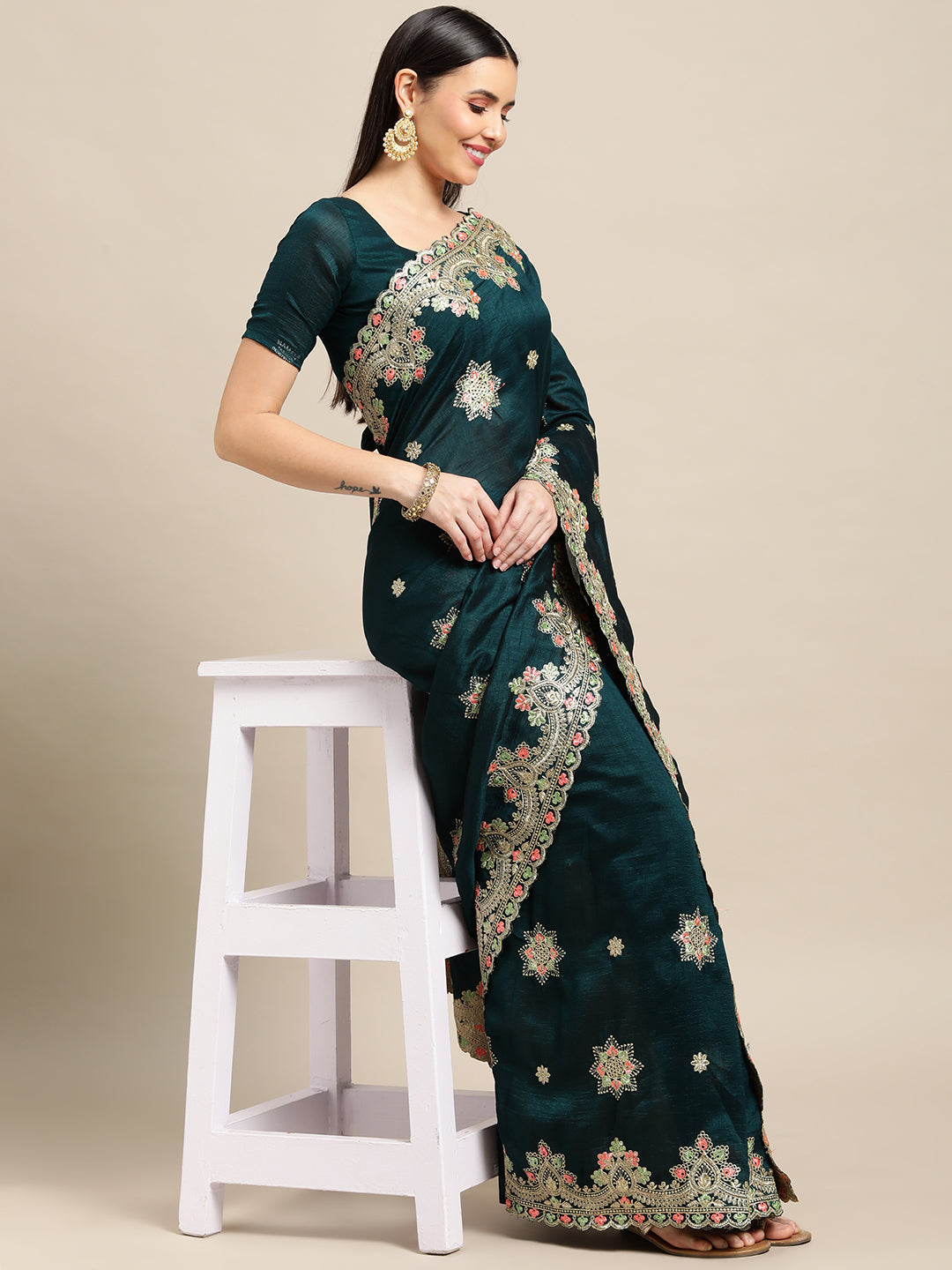 Jyoti Fashion Women's Green Silk Blend Embroidered Designer Saree with Blouse