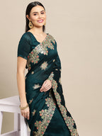 Jyoti Fashion Women's Green Silk Blend Embroidered Designer Saree with Blouse