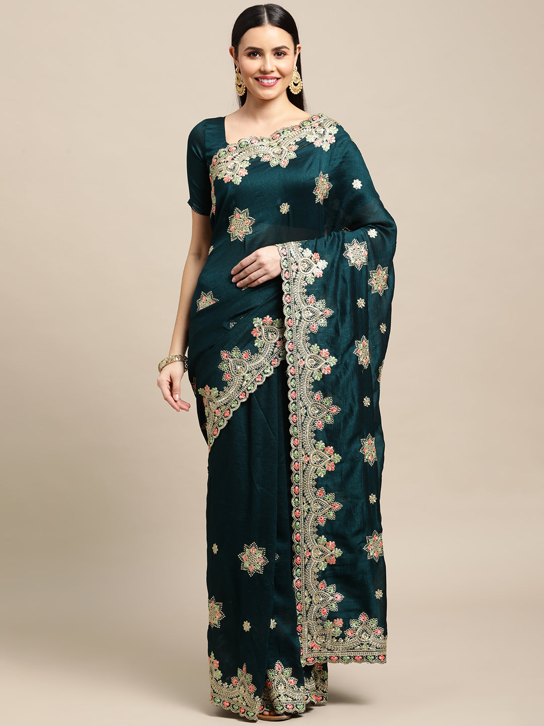 Jyoti Fashion Women's Green Silk Blend Embroidered Designer Saree with Blouse