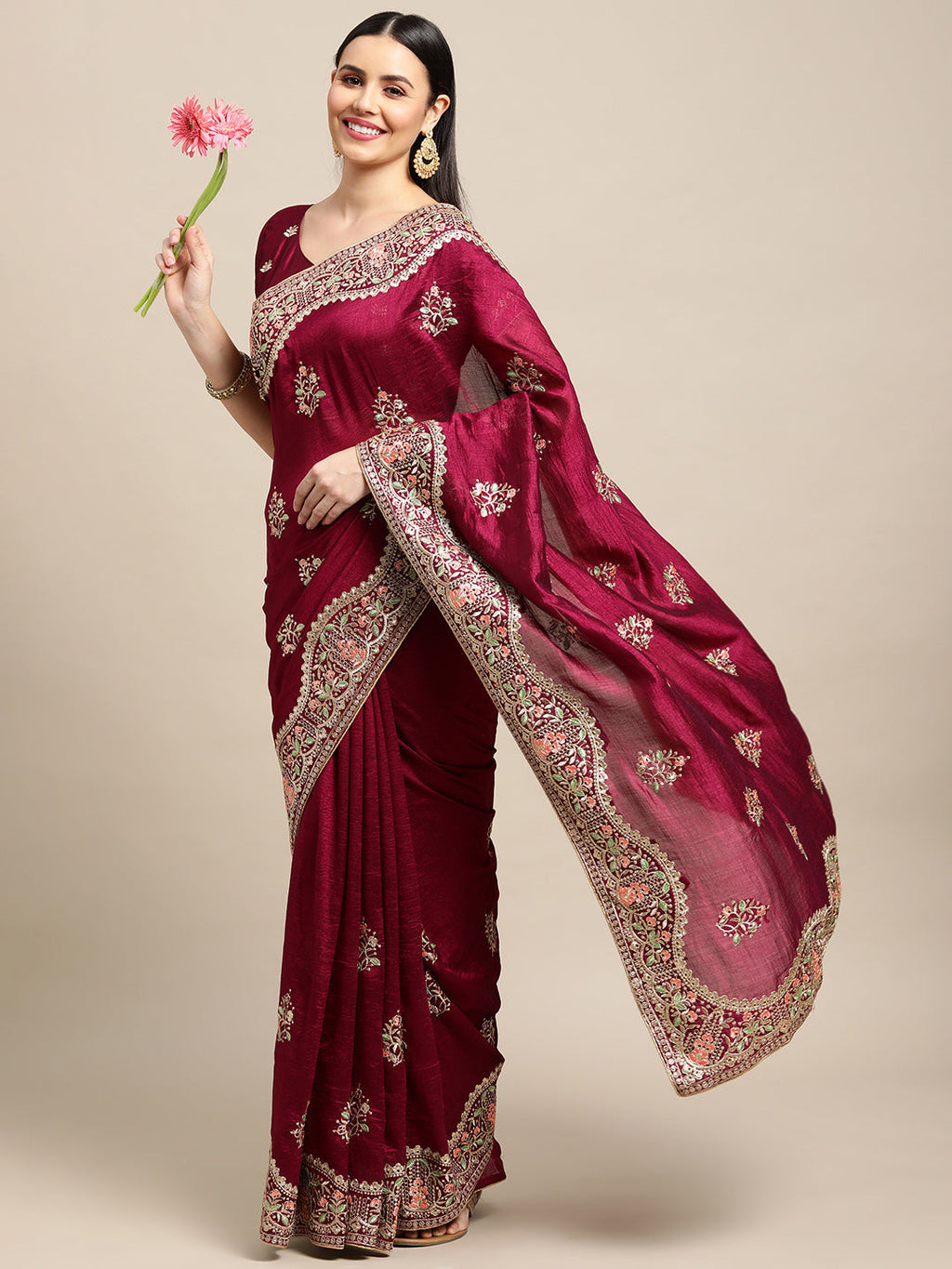 Jyoti Fashion Women's Purple Silk Blend Embroidered Designer Saree with Blouse