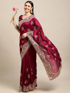 Jyoti Fashion Women's Purple Silk Blend Embroidered Designer Saree with Blouse