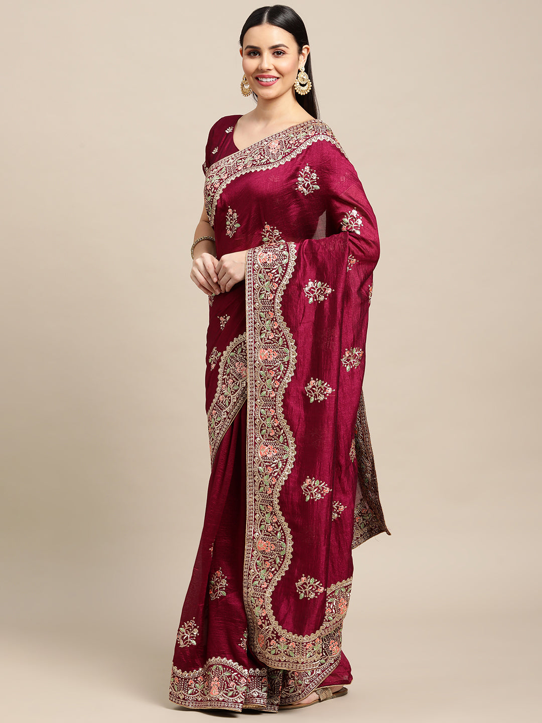 Jyoti Fashion Women's Purple Silk Blend Embroidered Designer Saree with Blouse