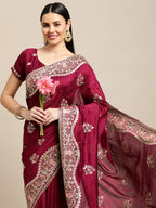 Jyoti Fashion Women's Purple Silk Blend Embroidered Designer Saree with Blouse