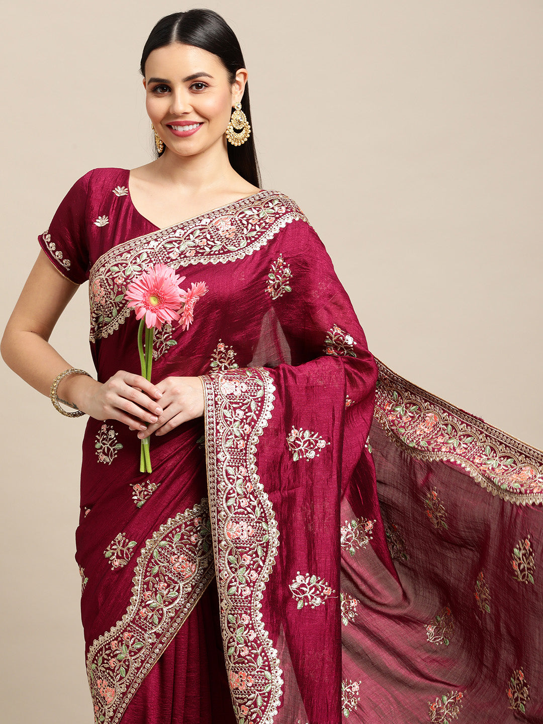 Jyoti Fashion Women's Purple Silk Blend Embroidered Designer Saree with Blouse