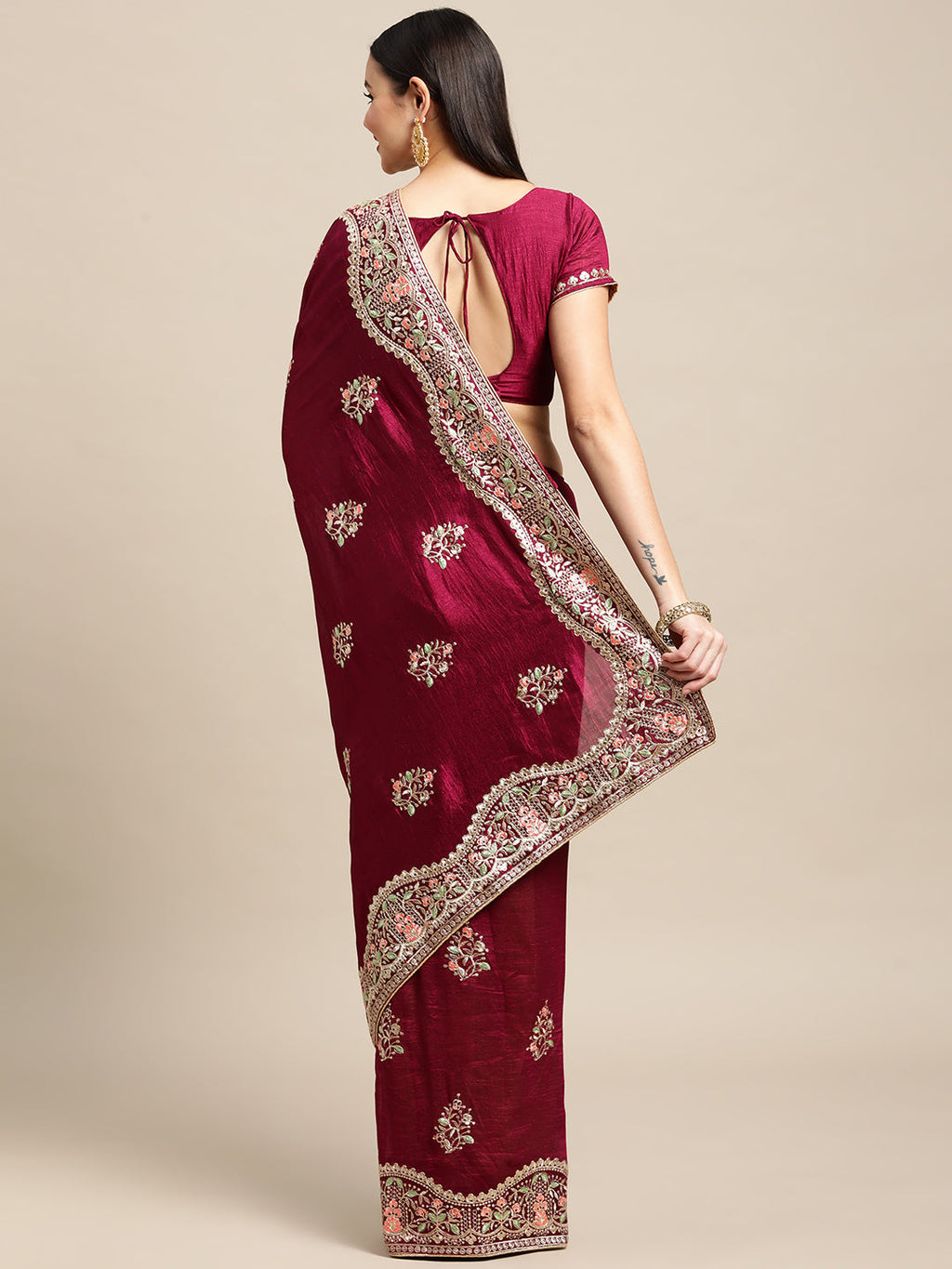 Jyoti Fashion Women's Purple Silk Blend Embroidered Designer Saree with Blouse