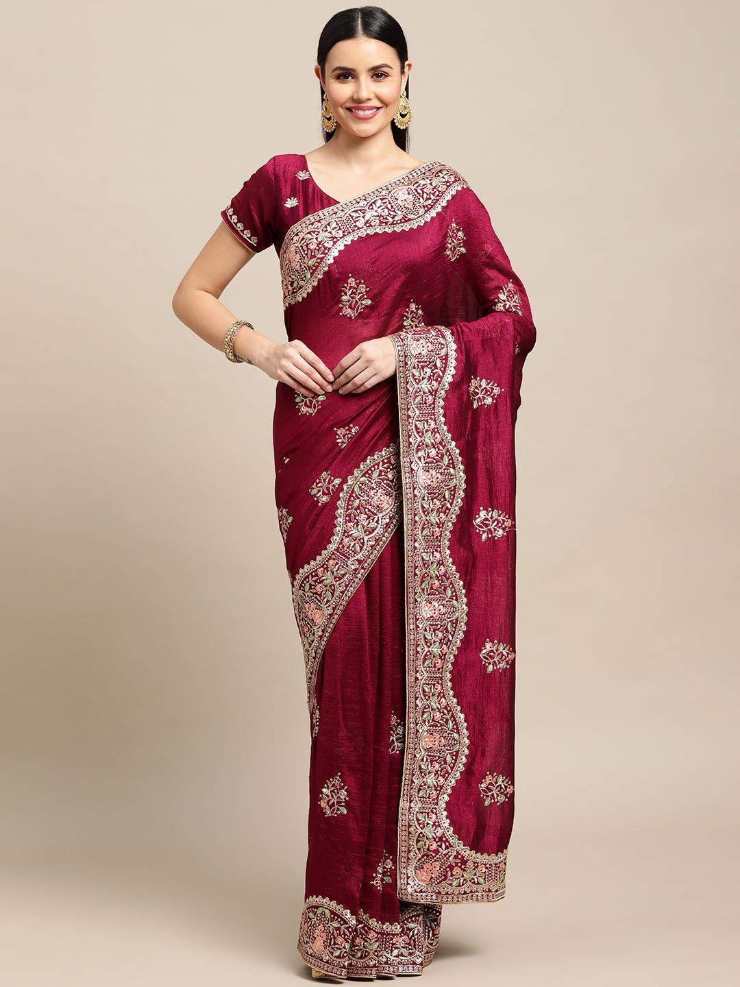 Jyoti Fashion Women's Purple Silk Blend Embroidered Designer Saree with Blouse