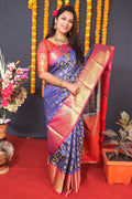 Jyoti Fashion Women's Blue Kanchipuram Silk Zari Woven Saree with Blouse
