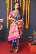 Jyoti Fashion Women's Navy Blue Kanchipuram Silk Zari Woven Saree with Blouse