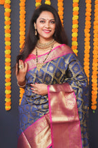 Jyoti Fashion Women's Navy Blue Kanchipuram Silk Zari Woven Saree with Blouse