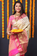 Jyoti Fashion Women's Off White Kanchipuram Silk Zari Woven Saree with Blouse