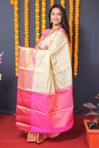 Jyoti Fashion Women's Off White Kanchipuram Silk Zari Woven Saree with Blouse