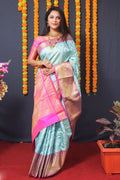 Jyoti Fashion Women's Sky Blue Kanchipuram Silk Zari Woven Saree with Blouse